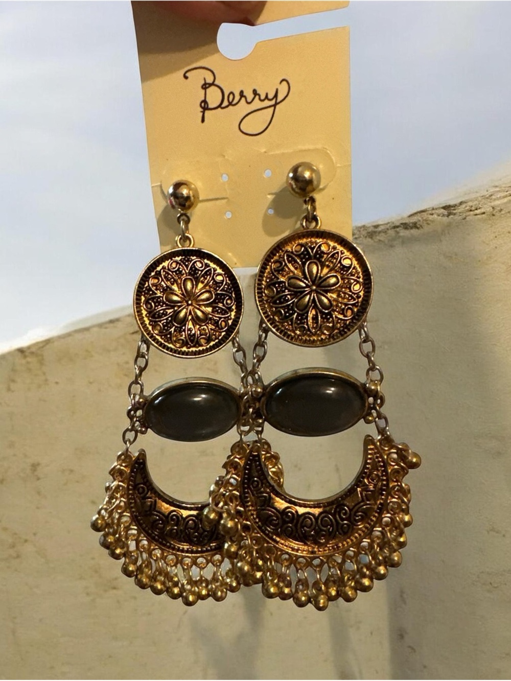 Gold-Tone Filigree Crescent Drop Earrings with Dark Stone